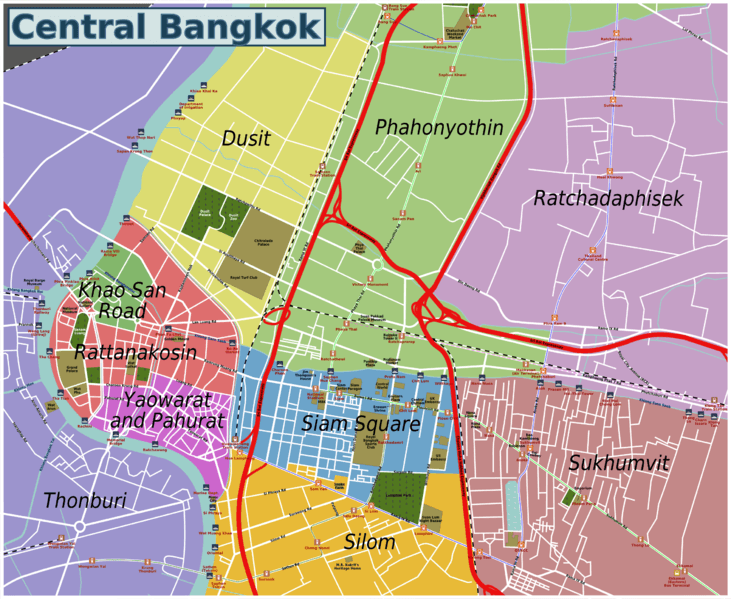 Mapa de los barrios de Bangkok, Tailandia.