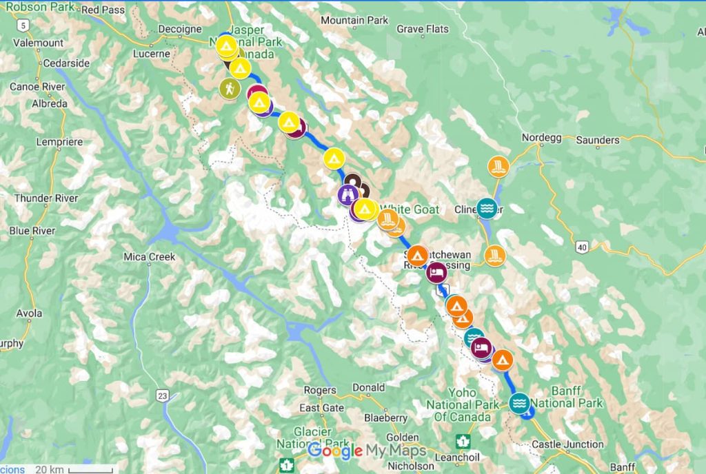 que ver en la icefields parkway mapa